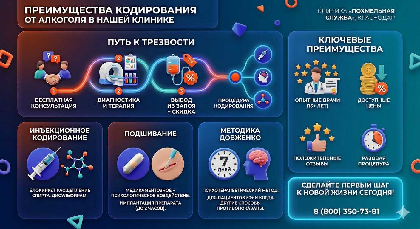 Инфографика о методах кодирования от алкоголя в Инкермане: инъекции, подшивание, метод Довженко. Преимущества клиники и этапы лечения.