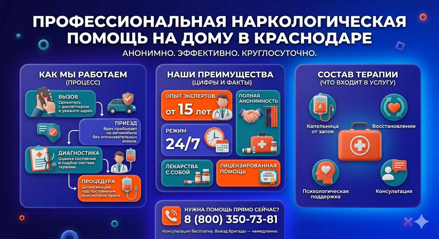 Инфографика о принципах лечения алкоголизма на дому в Инкермане: этапы вызова нарколога, преимущества анонимной детоксикации и состав медицинской помощи.